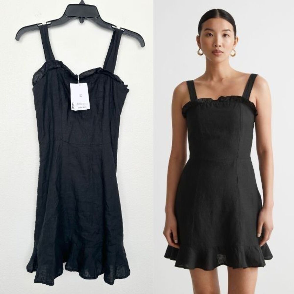 NWT & Other Stories Linen Ruffle Square Neck Black Mini Dress Wedding Women's 2